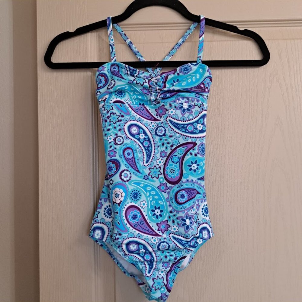 Lands End Girls size 8 swimsuit Paisley ruffle‎ front blue purple one-piece